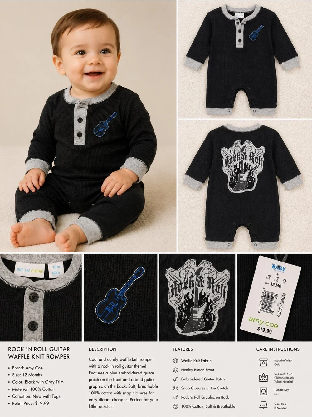 Amy Coe Baby Rock ‘n’ Roll Waffle Knit Romper Black Gray 12 Months NWT